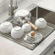 Linesmith 不鏽鋼水槽捲式碗盤瀝水架, 1個, 灰色