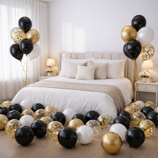 팡파티 파티풍선 + 공기주입기, 블랙 골드 화이트, 50개