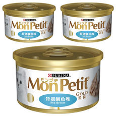 MonPetit 貓倍麗 金罐 極品鮪魚 85g 貓咪濕糧 鮪魚口味 全年齡適用, 特選鯛魚塊, 3罐