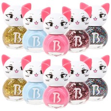 Bablie 兒童美甲 貓咪閃亮指甲油5件組, 天空藍+粉色+金色亮片+粉色亮片+彩色亮片, 2組