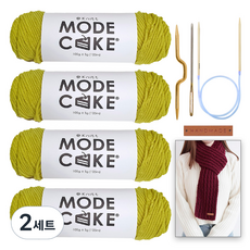 니뜨 모드케이크 뜨개실 100g x 4p + 폴 케이블 머플러 도안 + 줄바늘 6mm + 꽈배기바늘 + 돗바늘 + 심플직사각라벨 세트, 2세트, 14연두
