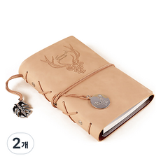 fromarte 復古鹿印章6孔皮革萬年空白A6手帳, 米色, 2個