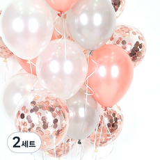 joyparty 天花板氣球20p + 緞帶3p + 海綿點膠100p 套組, 亮片銀箔玫瑰金 + 珍珠銀 + 珍珠白 + 珍珠玫瑰金 + 白色, 2套