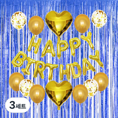 市集感性 生日快樂派對窗簾組, 金色 + 藍色, 3套