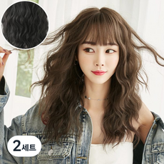 hi uni長發嬉皮燙全劉海長假髮54cm+假髮網+支架套組, 炭黑色（假髮），隨機發貨（搖籃）, 2組