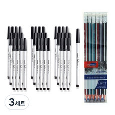 모나미 사인펜 351 12개입 3p + 스카이글로리 삼각 지우개 연필 12p 세트, 흑색(사인펜), 혼합색상(연필), 3세트