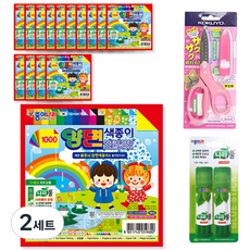 JONG IE NARA 1000雙面色紙 15入+Gukuyo SAXA飛蓋剪刀 粉色+膠水 15g*2入組, 2套, 24 種顏色