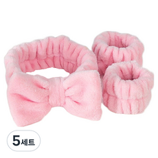 젤루나 왕리본 극세사 세안 헤어밴드 + 손목밴드 2p 세트 Y-46, 5세트, 핑크