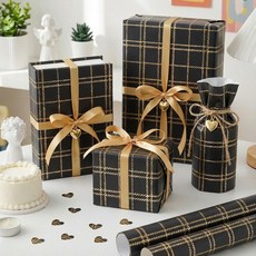 리드홈 고급형 금박 선물 롤 종이 포장지 대형 70 x 100 cm 3p + 양면 테이프 4.3m 세트, 01 블랙체크, 1세트