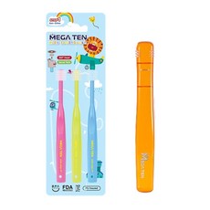 MEGA TEN 幼兒牙刷 3支+透明收納盒組, 藍+黃+粉, 1組