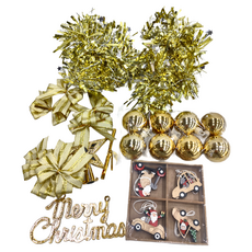摩達客 聖誕裝飾配件包組 木質彩繪車金系 樹頂星/Merry Christmas英文字/金蔥彩條龍柱/精緻蝴蝶結/木質吊飾/吊飾球等 (共計20配件), 1組, 2尺