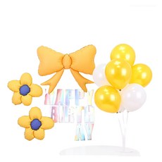 PARTYSHOW 可愛蝴蝶結霧面雛菊黃色彩虹膜花環氣球插牌組, 1套, 珠光金白色