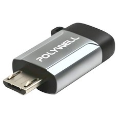 POLYWELL USB Micro-B轉Type-C轉接器 迷你便攜 OTG功能 資料傳輸 附掛繩, 2.7cm, 銀色 + 黑色, 1個