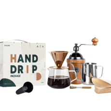 KALDIN 家庭咖啡館 鈦金屬手沖組合 T2 + 原木咖啡研磨機 陶瓷手搖磨豆機 KC-5, 1套, 銀色 + 黑色 + 玫瑰金 + 棕色