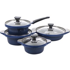 生活在石頭塗層陶瓷鍋套裝 4p, 深藍色, 雙耳鍋16cm+20cm+單柄鍋18cm+淺湯鍋24cm