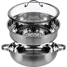 QUEEN SENSE 電磁爐適用雙耳不鏽鋼多功能雙籠湯鍋+玻璃鍋蓋組, 1個, 26CM