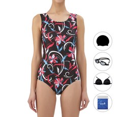 쿠아로 여성용 U백 수영복 + 수모 + 수경 + 브라컵 + 비닐백 세트 ILF129S