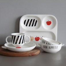 DOHO 嬰兒印花餐具組, 蘋果, 分格餐盤+圓餐盤+飯碗+湯碗+杯子