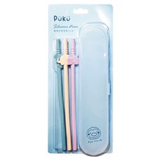 PUKU 藍色企鵝 動物矽膠吸管組 附收納盒 Set 3支 - 不含雙酚A 無毒無味 管身可愛動物造型設計 有效防嗆吐, 1組