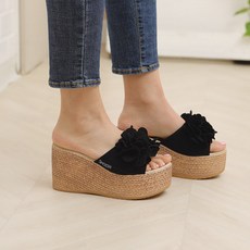 ShoesN 女款花朵裝飾坡跟拖鞋 sn027, 235, 黑色