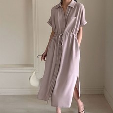 afinar 女款鈕扣短袖襯衫洋裝, 深米色