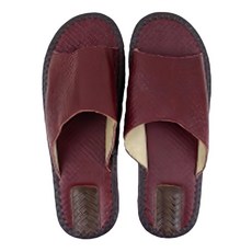 頭層牛皮編織紋防滑室內拖鞋, 25cm, 酒紅色, 1雙