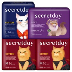 secretday 純棉衛生棉 M號 16片 2包+L號 14片+加長夜用型 8片, 1組