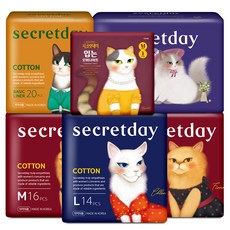 secretday Cotton棉質蝶翼型衛生棉 中(24.5cm) 16片入 2包+大(29cm) 14片入+一般型護墊 15cm 20片入+Love夜用型衛生棉 36cm 10片入+褲型衛生棉 M(90~100號), 1組, 夜用型