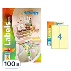 올바른라벨 칼라라벨 연노랑 레이저 잉크젯공용 2X2, 4칸, 100개