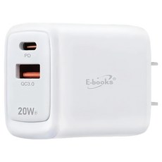 E-books PD + QC3.0雙孔智能快速充電器 20W B111, 1個, 白色