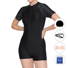 quaro 女用半拉鍊二分褲連身泳衣 + 泳帽 + 泳鏡 + 胸墊 + 防水袋套組 ILB237S