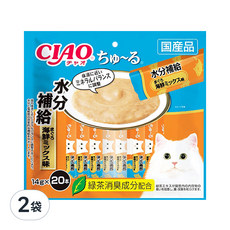 INABA CIAO 啾嚕 肉泥 水分補給 20入 綠茶消臭成分配合 條狀包裝方便餵食, 鮪魚海鮮綜合, 280g, 2袋