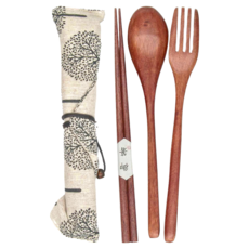 Caldo卡朵生活 山谷回響附袋木質餐具4件組, 湯匙 + 筷子 + 叉子 + 收納袋, 木色, 1組