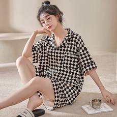세컨핑크 다이아 체크 커플잠옷 반팔 카라 셔츠 파자마 상하의 세트