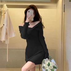 PEONIST 露肩羅紋針織裹身迷你連身裙, 黑色