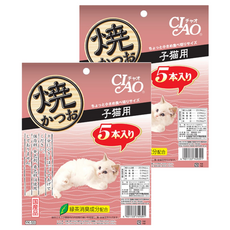 INABA CIAO 啾嚕 宗田鰹燒魚柳條 幼貓配方 5本入 綠茶消臭成分配合, 宗田鰹+干貝海鮮, 110g, 2袋