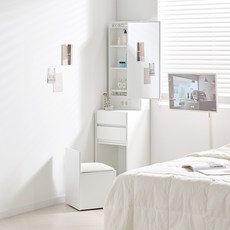채움가구 로이미니 틈새수납 거울 화장대 + 스툴 세트 방문설치, 우형화이트