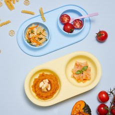 Pot de miel 吸附式雙格餐盤+蓋子組, 藍色+黃色, 2格餐盤+多功能蓋子