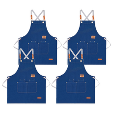 防潑水工作圍裙，帆布皮革金屬材質，廚房咖啡廳適用, 深藍色, 4件