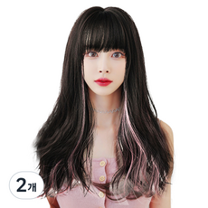 하이유니 S컬 펌 웨이브 롱 헤어 통가발 가발 62cm + 가발망 + 거치대 세트, 블랙 + 베리, 2개