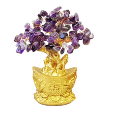 招財進寶 紫水晶發財樹 內附招財靈符, 金色 + 紫色, 13cm x 7.5cm