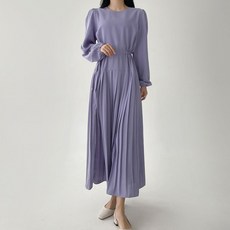 Planday Lead 基本款腰部抽繩百褶長袖長版連身裙, 薰衣草紫