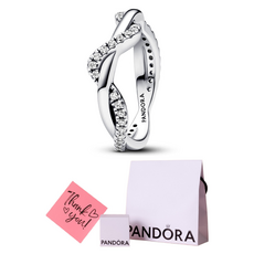 PANDORA 潘多拉 女款交織波浪層次戒指 193098C01 + 提袋 + 小卡組合