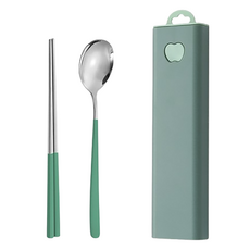 日常適用攜帶式便當餐具組, 1個, 湯匙 + 筷子 + 餐具盒, 綠色