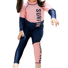 兒童款 長袖防曬泳衣 上衣 + 泳褲, 3XL, 深藍色 + 亮粉色