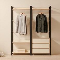 파로마 리디아 드레스룸 1단 + 서랍 행거 세트 방문설치, 프레임블랙 + 선반오크화이트