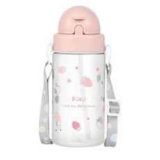 PUKU 藍色企鵝 Tritan滑蓋揹帶吸管水壺, 食品級矽膠材質, 安心防漏設計, 粉色, 330ml, 1個
