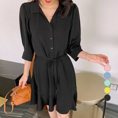 PAPERMENTS 女款日常優雅雪紡澎袖綁帶連身裙 00469, 黑色的