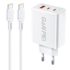 YINTO GaN 65W c타입 고속 충전기 3포트 PD3.0 PPS + C TO C 1M 100w 케이블 세트, 1세트, 화이트