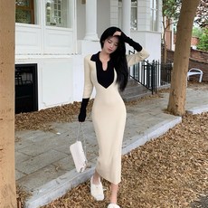 PEONIST 撞色翻領羅紋針織長版連身裙, 單一顏色